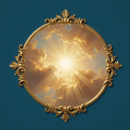 A golden baroque frame around a sunburst breaking through clouds